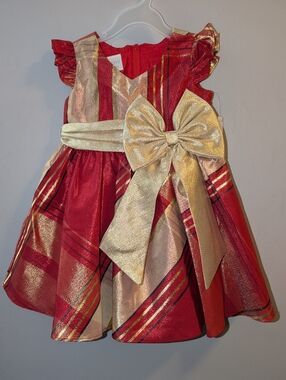 🆕 Iris & Ivy Red and Gold Plaid Bow Fancy Dress With Crinoline 2 2T